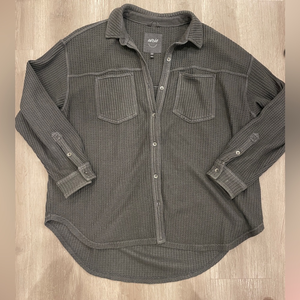 Aerie Anytime Fave Waffle Oversized Shirt- Charcoal- M